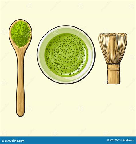 Green Tea Cup Spoon Of Matcha Powder And Bamboo Whisk Stock Vector