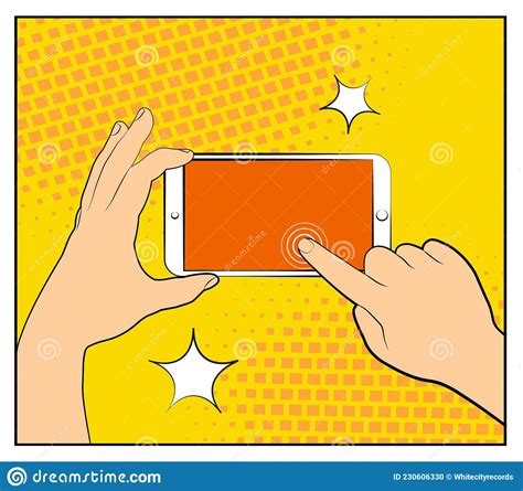 Comic Smartphone Phone With Halftone Shadows Hand Holding Smartphone