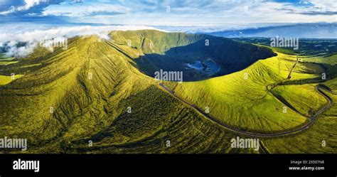 Panorama Of Drone Green Sunrise Landscape Of Volcano Gordo Caldera In