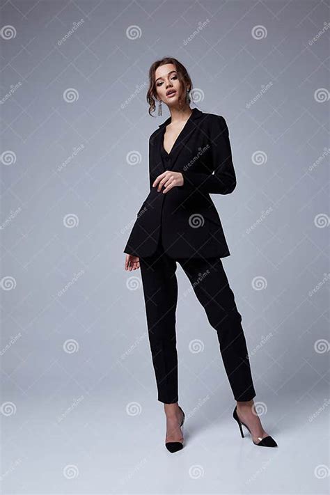 Beautiful Woman Fashion Glamour Model Brunette Hair Makeup Wear Black Suit Trousers Jacket