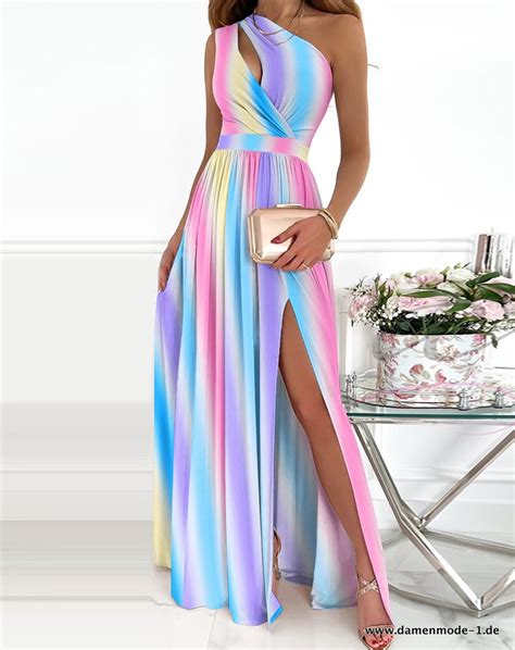 Kleider Elegantes One Shoulder Maxikleid Lang Regenbogen Damenmode