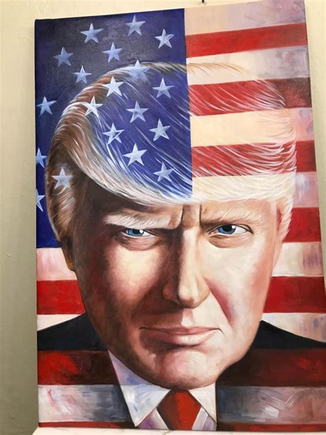 Oil On Canvas Of Donald Trump With Flag