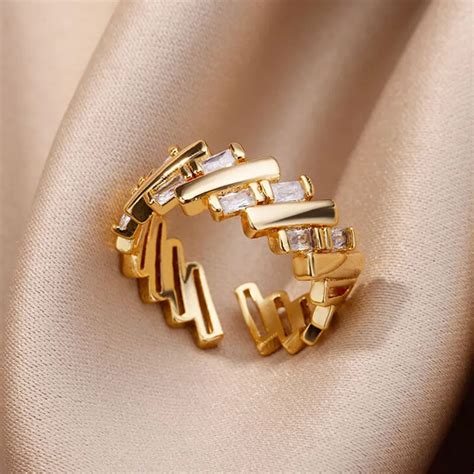 Zircon Bar Rings For Women Gold Plated Stainless Steel Bar Opening Ring