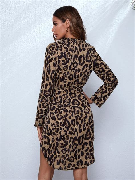 SHEIN Clasi Roll Tab Sleeve Belted Leopard Dress SHEIN USA