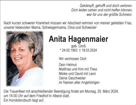 Traueranzeigen von Anita Hagenmaier Südwest Presse Trauer