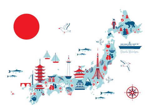 Cartoon travel map of Japan by Elizaveta Melentyeva on Dribbble