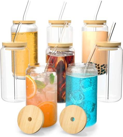 Set Van 8 Drinkbekers Met Deksel En Rietje Van Glas Set Van 8