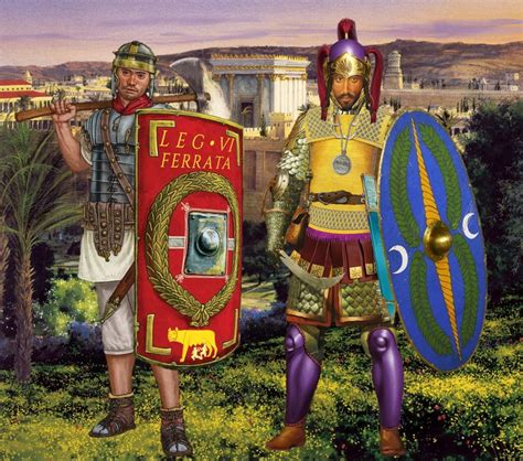 Two Men Dressed In Roman Armor Standing Next To Each Other With Shields