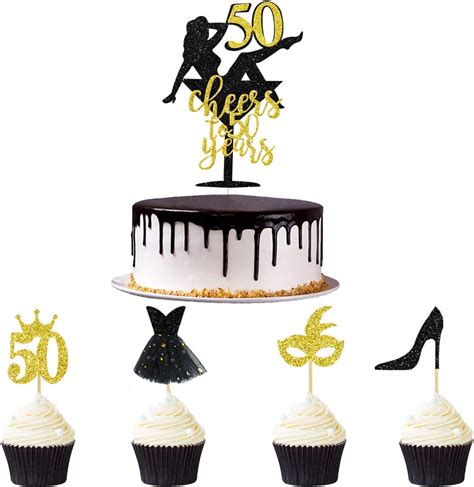 Mym 33pcs Black Gold Glitter Cheers To 50 Years Cake Topper 50th