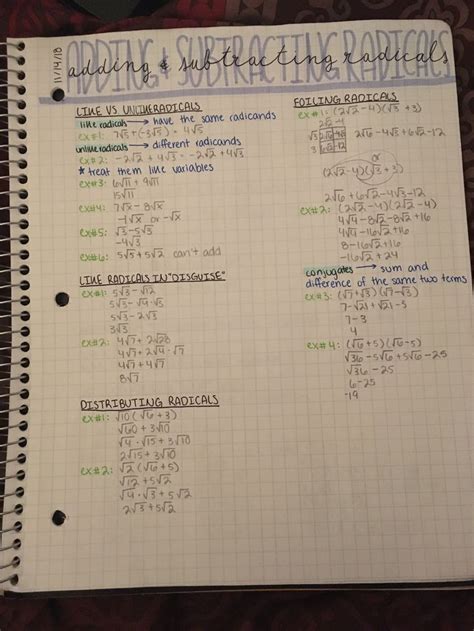 Algebra Adding And Subtracting Radicals Notes Algebra Notes Math