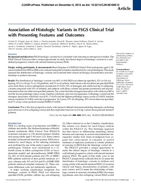 Pdf Association Of Histologic Variants In Fsgs Clinical Trial With