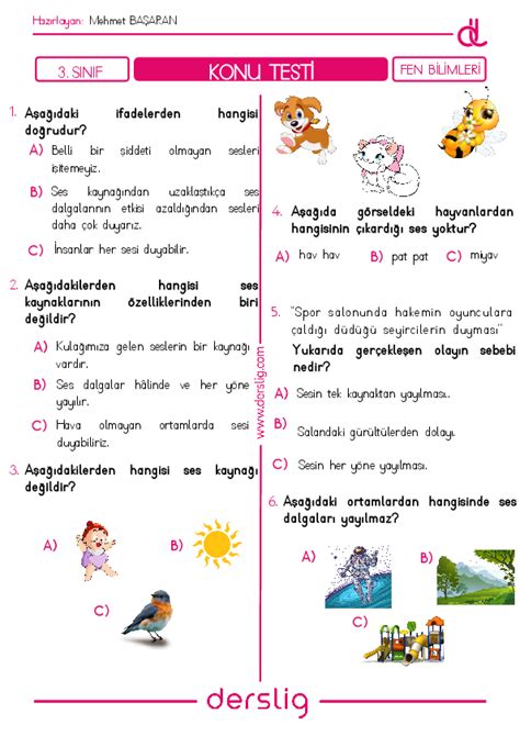 3 Sınıf Fen Bilimleri Ses Kaynakları Yaprak Test Derslig