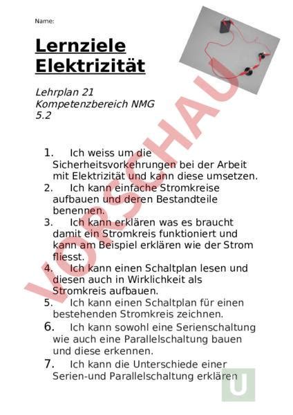 Arbeitsblatt Lernziele Elektrizität Physik Elektrizität Magnetismus