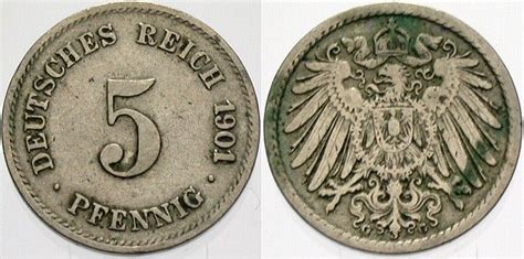 Kleinmünzen Kaiserreich 5 Pfennig 1901 G Grosser Adler fast sehr schön