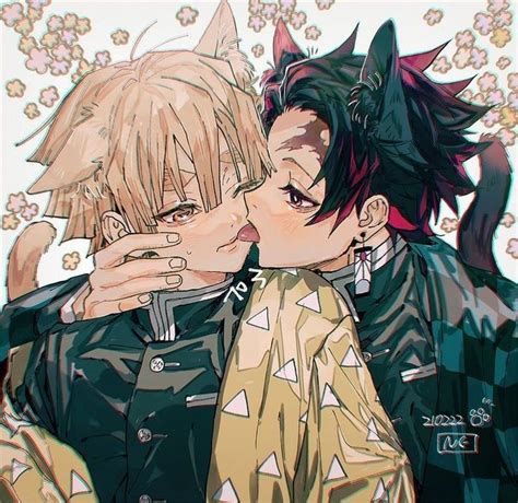 Two Anime Characters Kissing Each Other With Flowers In The Background