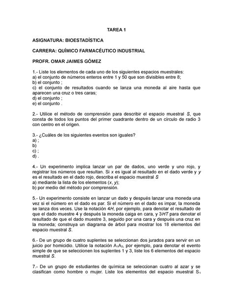 Tarea De Bioestad Stica Qfi Tarea Asignatura