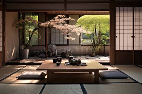 A Traditional Japanese Tatami Mat And Low Table Setup Stock Photo