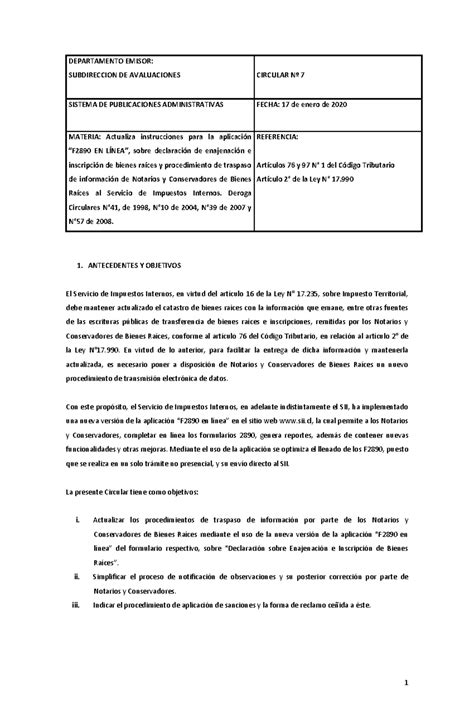 Circu 7 Formulario 2890 DEPARTAMENTO EMISOR SUBDIRECCION DE