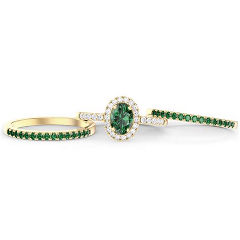 Eternity Emerald Oval Halo 18k Yellow Gold Engagement Ring Set 2e Jian