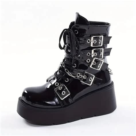 Womens Punk Style Wedge Ankle Boots Y2k Buckle Strap Chain Temu United