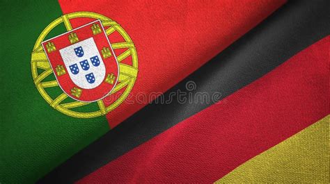 Germany And Portugal Two Flags Textile Cloth Fabric Texture Stock