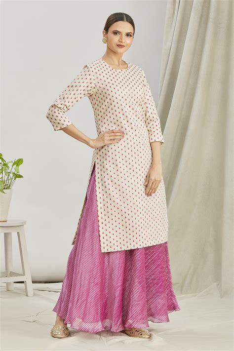 Buy White Chanderi Woven Teardrop Motifs Round Kurta And Skirt Set For