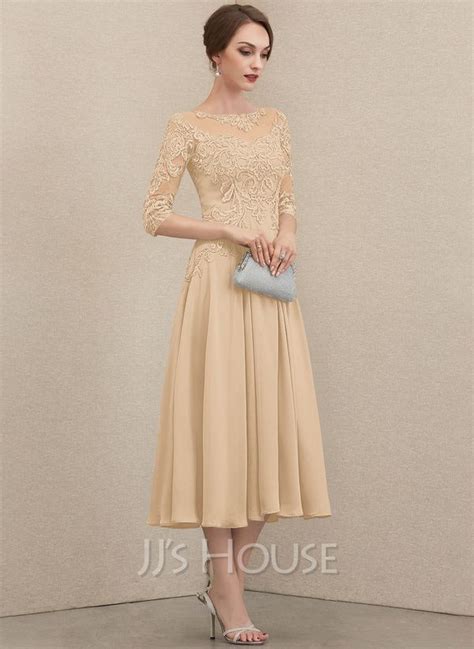 A Line Scoop Neck Tea Length Chiffon Lace Cocktail Dress With Beading