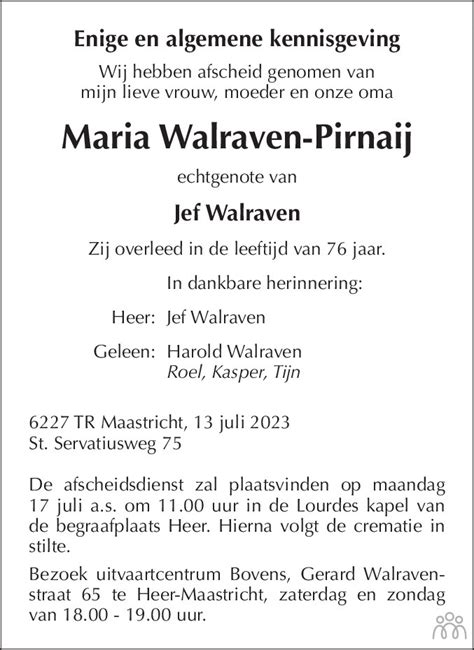 Maria Walraven Pirnaij 13 07 2023 Overlijdensbericht En Condoleances