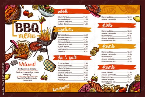 Barbecue Restaurant Menu. Template Design Of Bbq Brochure In Sketch Color Style Stock Vector ...