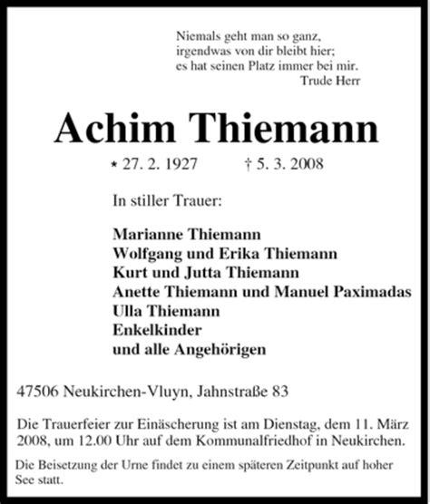 Traueranzeigen Von Achim Thiemann Trauer In Nrw De