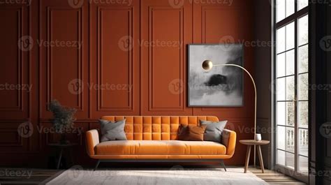 Contemporary interior with modern orange sofa, room in grey tones ...