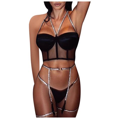 Gzea Women Sexy Transparent Lingerie Lace Mesh Bright Silver Strappy