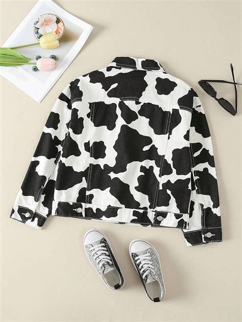 Tween Girl Cow Print Denim Jacket Shein Usa