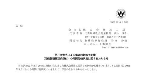 旅工房 6548 ：第三者割当による第3回新株予約権（行使価額修正条項付）の月間行使状況に関するお知らせ 2022年10月3日適時開示