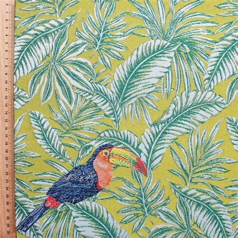 Tissu Jacquard Feuillage Tropical Vert Et Perroquets