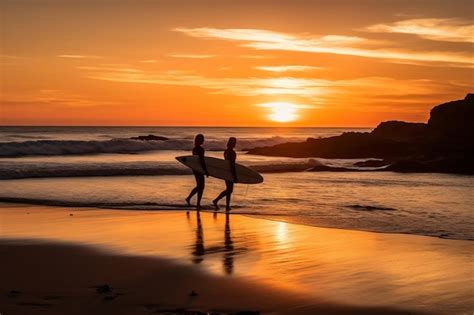 Premium Ai Image Two Surfers Walk On The Beach At Sunset