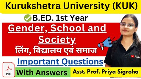 Kuk Gender School And Society Most Important Questions For B Ed Exams Kuk Youtube