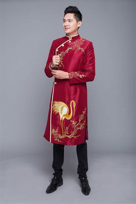 Dark Red Hand Embroidered Ao Dai For Men Ao Dai Vietnamese Clothing