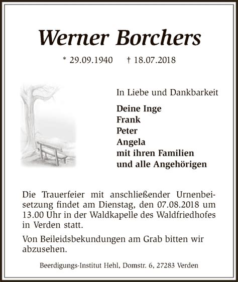 Traueranzeigen Von Werner Borchers Trauer Kreiszeitung De