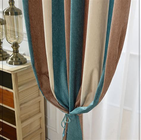 Blue/Brown/Beige Striped Curtains Grommet Top Chenille Drapes for Bedr ...