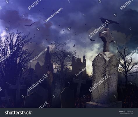 Halloween Night Scene In A Spooky Graveyard Stock Photo 113704144