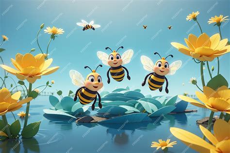 Premium Photo Cartoon Bees Flying Around A Flower In The Middle Of