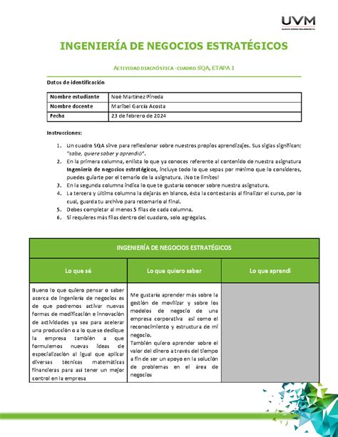 Cuadro Sqa E Ingenier A De Negocios Estrat Gicos Actividad