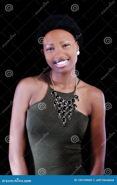 Smiling Attractive African American Woman On Dark Background Stock