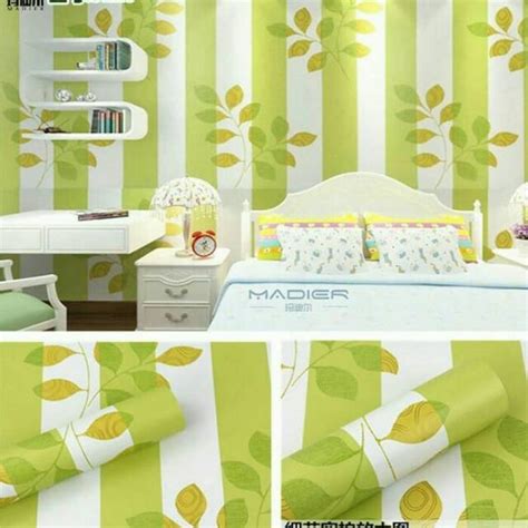 Jual Wallpaper Dinding 45cm X 10m Motif Daun Garis Hijau Putih Shopee