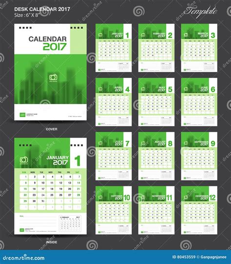 Set Green Desk Calendar 2017 Year Size 6 X 8 Inch Template Stock Vector Illustration Of