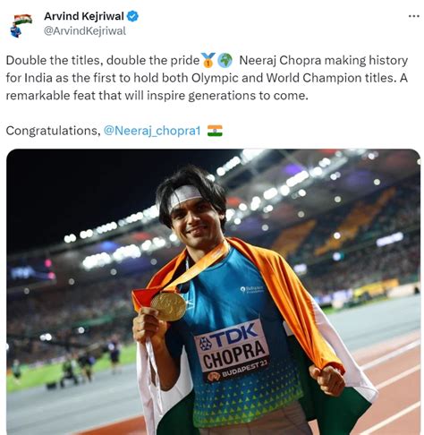 Arvind Kejriwal Kejriwal Congratulates Neeraj Chopra On Historic World