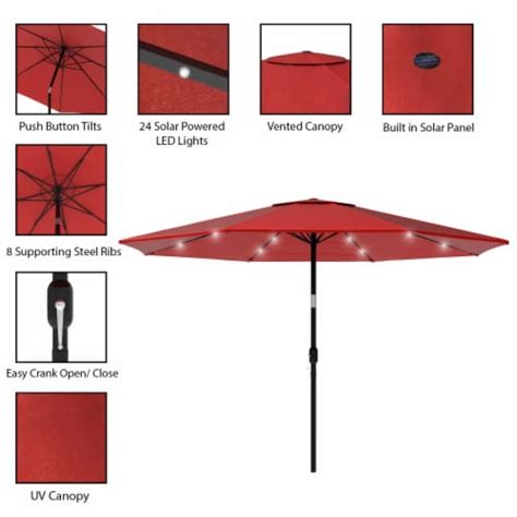 Pure Garden 10 Foot Solar Led Lighted Umbrella With Tilt Crank And Metal Pole 24 Lights Red 1