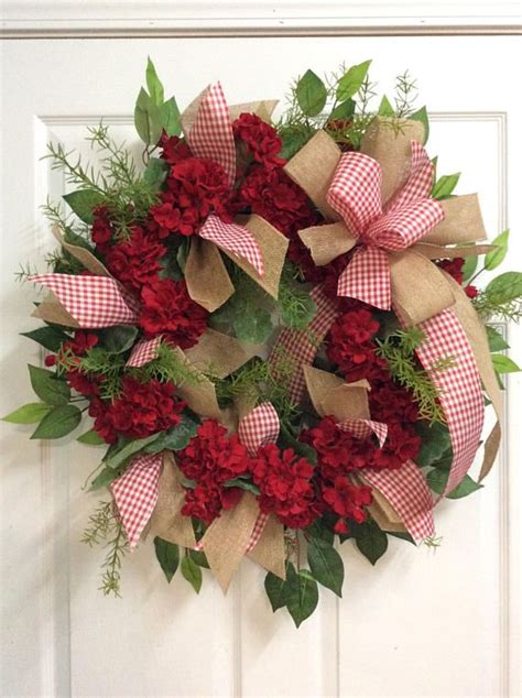 Red Geranium Wreath Entrance Door Decor Red Summer Wreath Etsy Red