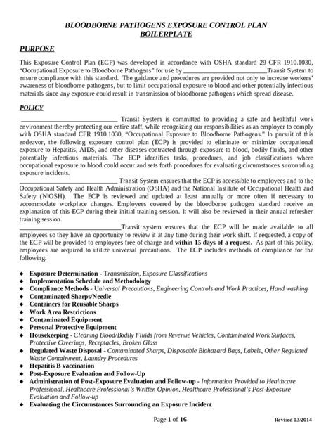 Exposure Control Plan Osha Template For Doctors Office Fill Out